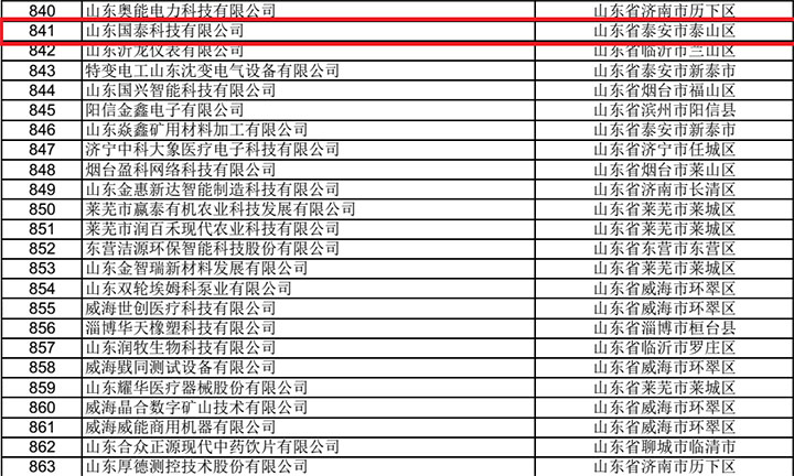 国泰科技成功入围山东省2018年第一批科技型中小企业名单